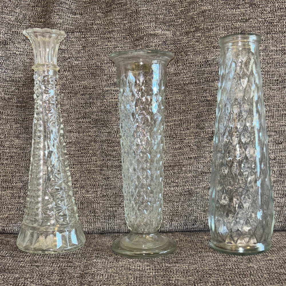 Vintage Glass Vase Set: 1 Anchor Hocking, 2 E.O. Brody Bud Vases